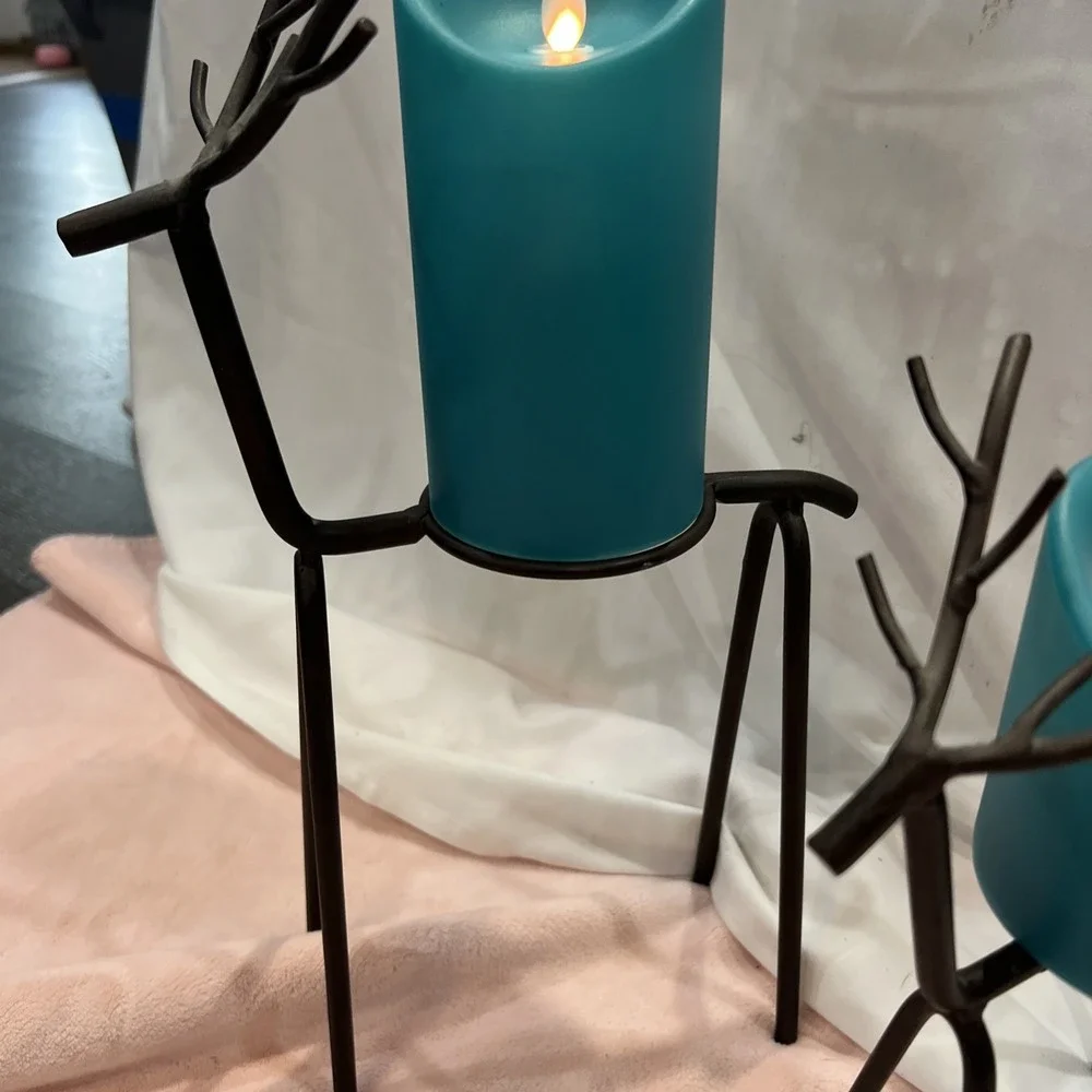 2 Reindeer Candle Holders Standing‎ Iron Metal with flames less remote candles